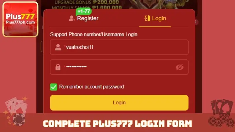Complete Plus777 login form